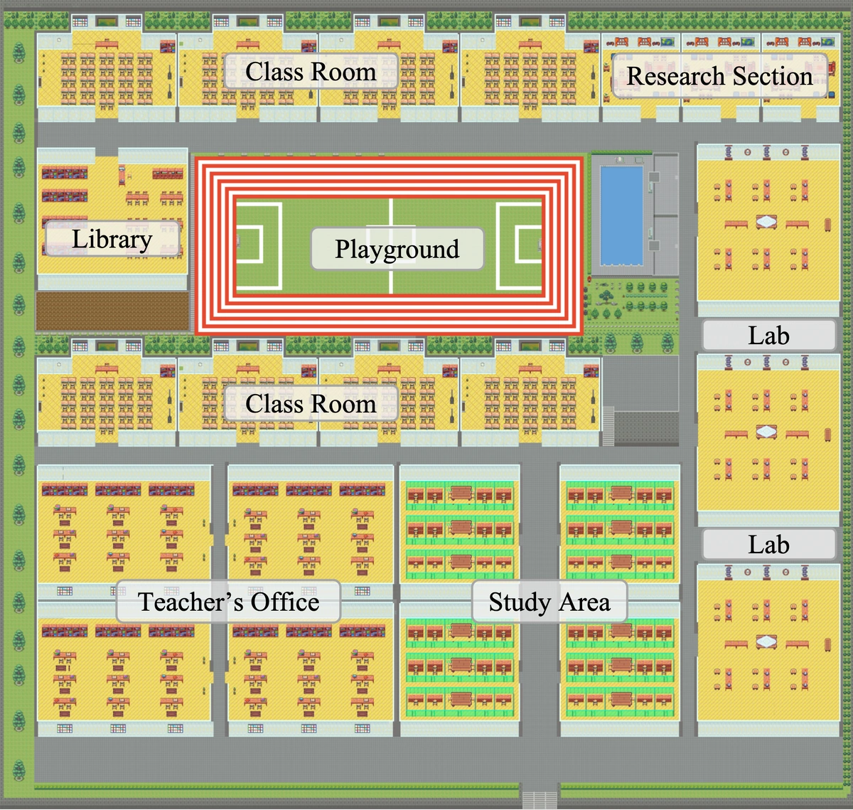 The simulated AI-Agent School environment, showing classrooms, laboratories, a library, a playground and other school spaces.
