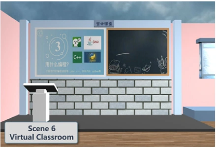 Scene 6 from Figure 4: the virtual classroom with a programming blackboard, teaching platform and lectern.