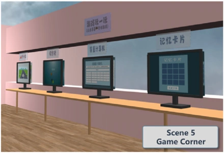 Scene 5 from Figure 4: the Game Corner, with interactive programming practice stations and memory-card activities.